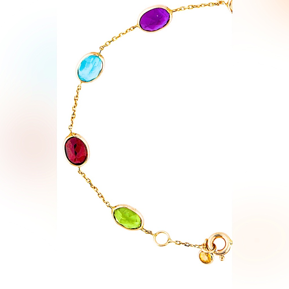 14K Gold Chain Bracelet with Colorful Multi Gemstones - Picture 8 of 12